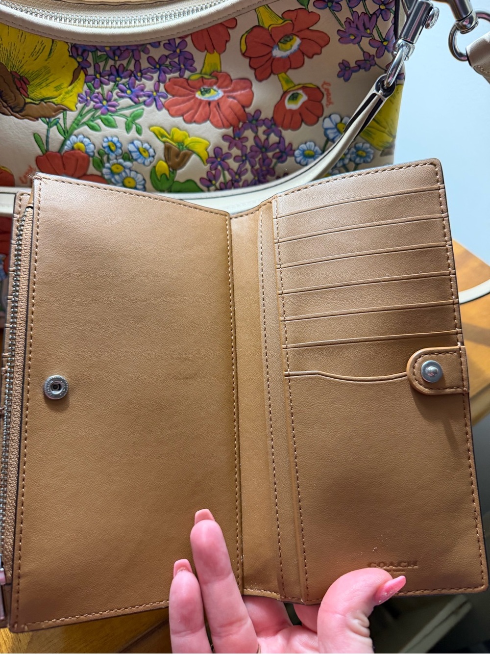 Coach Cream Floral Leather Tote and Matching Wallet with Multicolor Blooms - Picture 12 of 14